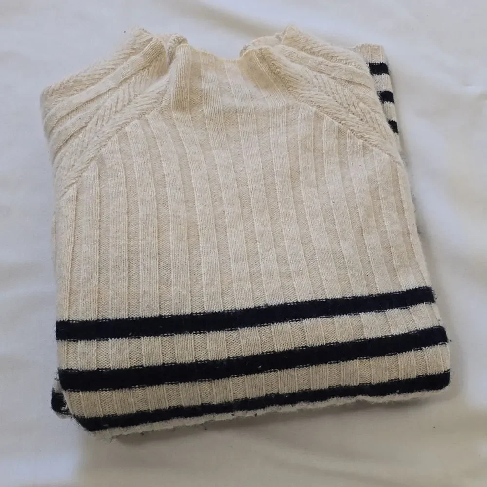MANGO Cream and Blue Crewneck CASHMERE Sweater‎ with Nautical Stripes M